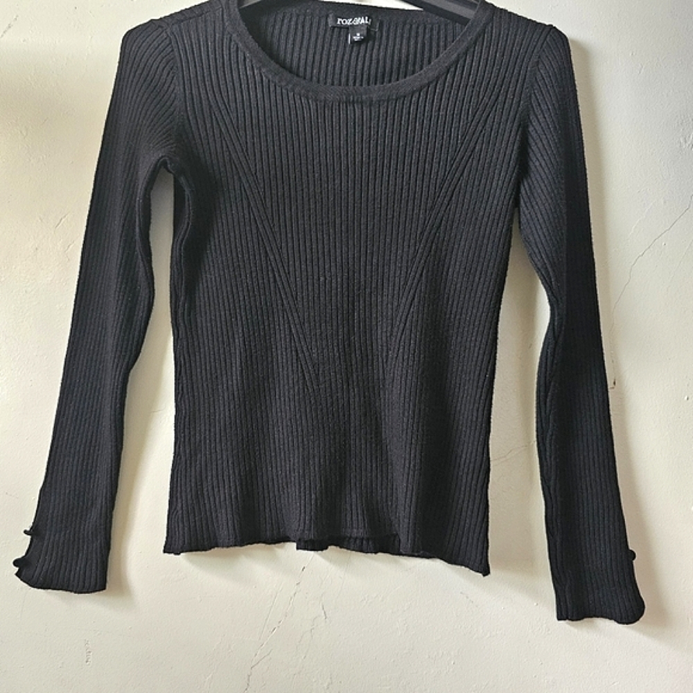 Roz & Ali Women's Button Cuff  Long-Sleeve Black Sweater, Size S